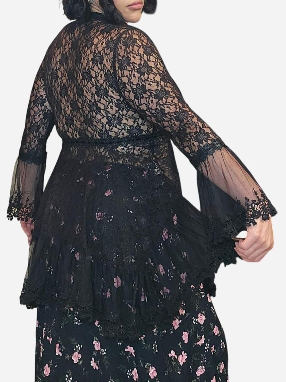 Adore Black Sheer Lace Button-Front Whimsy Blouse with Velvet Tie Bow Fairy Goth - Picture 2 of 4